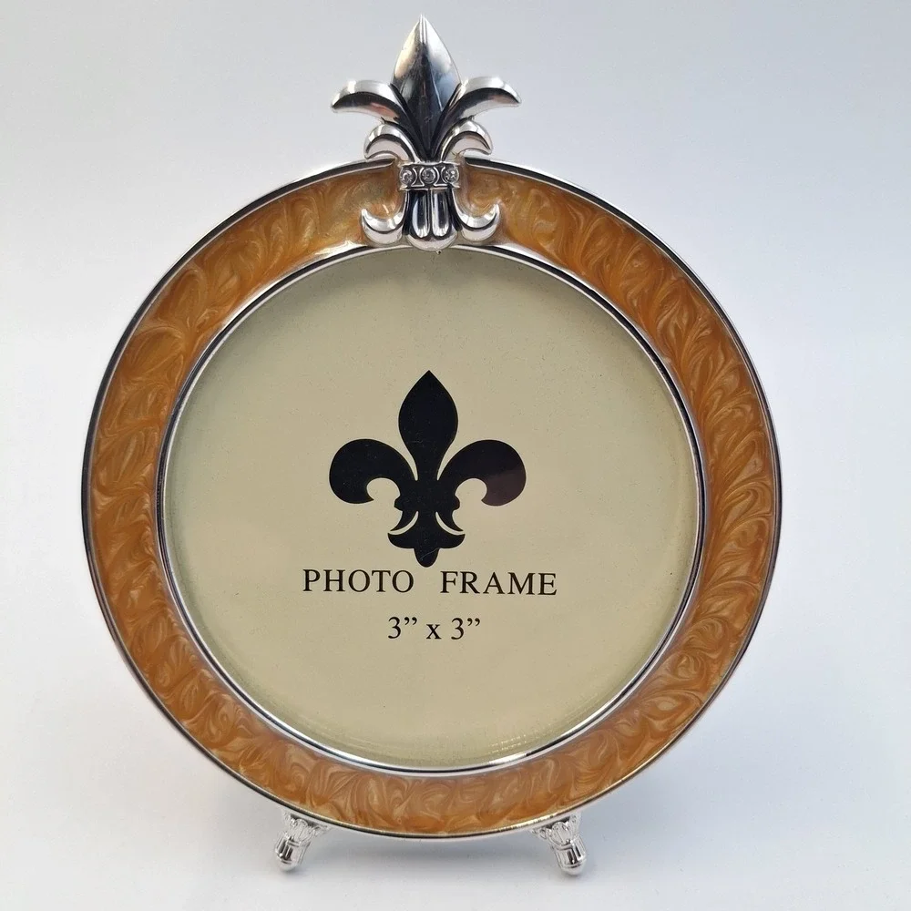Vintage Fleur De Lis Photo Frame Set Honey Enamel Silver Tone‎ Round Square Mini